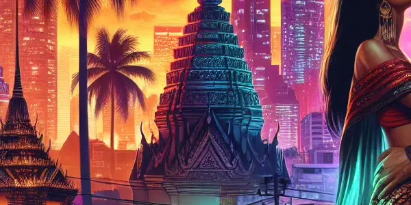 A passionate couple in a vibrant Bangkok nightlife setting, surrounded by lush palms and colorful sunset.