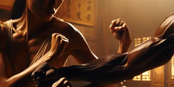 Two martial artists sparring in a dimly lit dojo, showcasing intense emotion and dynamic movement.<a href=