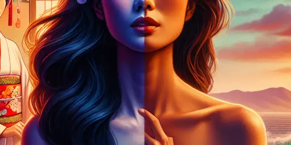 A split image showcasing Vivian Hsu's career: vibrant AV film elements juxtaposed with a serene, introspective artistic film scene.