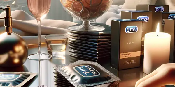 A stylish display of premium condoms on a glass table, symbolizing safety and intimacy in adult film.