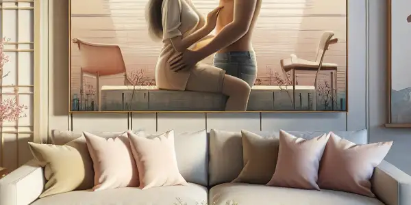 A cozy modern living room promoting safe intimacy education, featuring educational materials and a romantic couple's artwork.