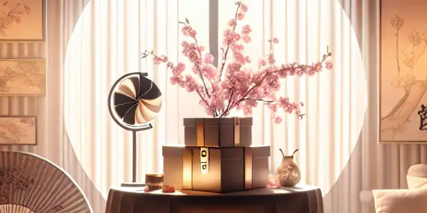 A serene, modern room featuring a discreet package on a stylish table, accented with Japanese cultural elements.
