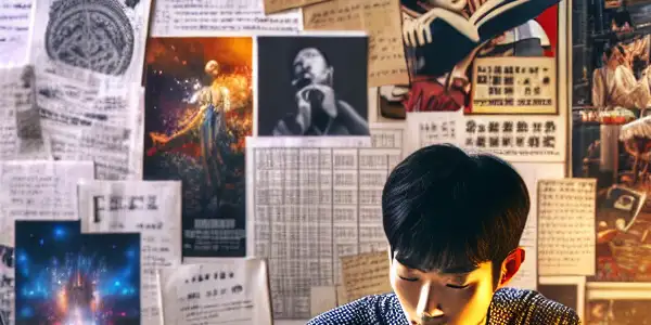 A dedicated young filmmaker studies in a cozy, cluttered space filled with film materials and vibrant posters.