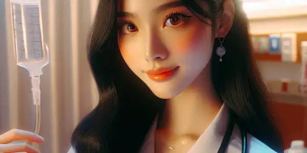 A charming nurse in a hospital room, playfully holding a chart with a mischievous smile amidst Japanese cultural elements.