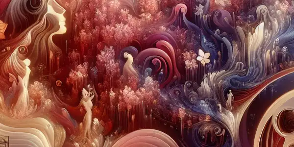 A surreal scene featuring infinite film reels, flowing text, cherry blossoms, and shadows hinting at complex adult film narratives.