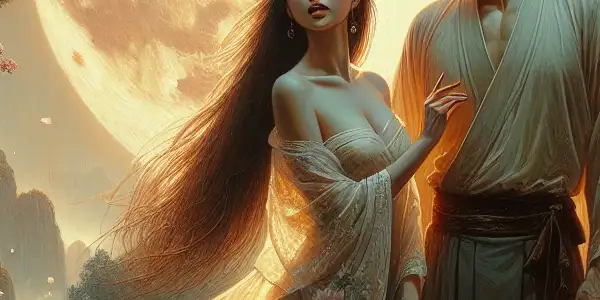 A romantic couple embraces under a full moon in a serene, enchanting landscape with cherry blossoms.