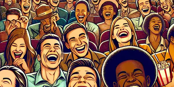 A lively movie theater scene with a diverse audience laughing, sharing popcorn, and enjoying a comedic film.
