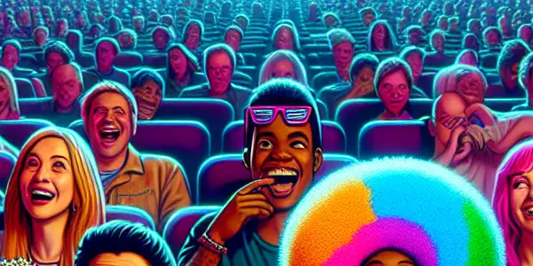 A lively movie theater scene with friends laughing and sharing popcorn while watching a humorous cartoon film.