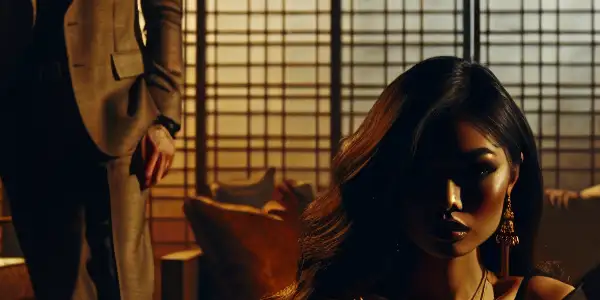 A married woman shares a tense, intimate moment with a mysterious stranger in a modern living room.