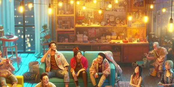 A lively urban apartment filled with quirky decor, characters engaging in flirtatious, humorous interactions.