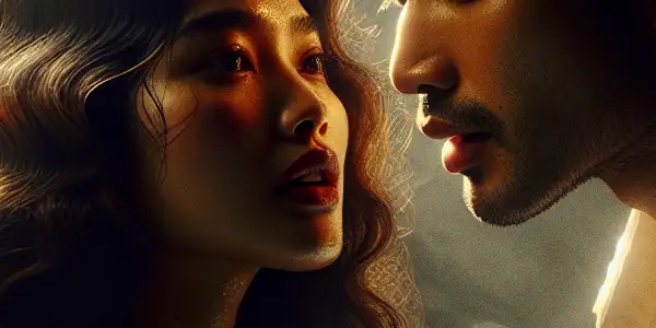 A young man and his best friend's older sister share a tense, intimate moment in a softly lit bathroom.