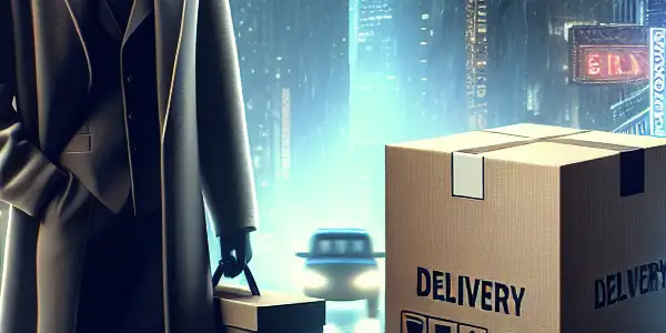 A mysterious figure holds a sleek delivery box in a vibrant, urban night setting, suggesting hidden adult entertainment.