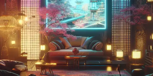 A luxurious, dimly-lit room with digital screens displaying abstract adult film scenes, symbolizing intimacy and secrecy.