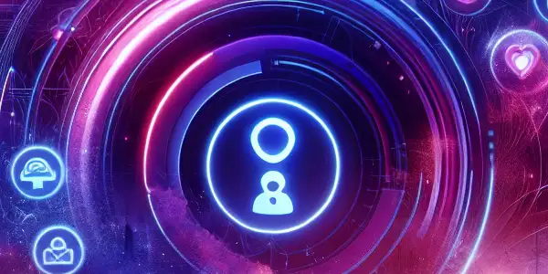 A futuristic digital interface for adult entertainment, featuring a glowing search bar and a neon-lit cityscape.