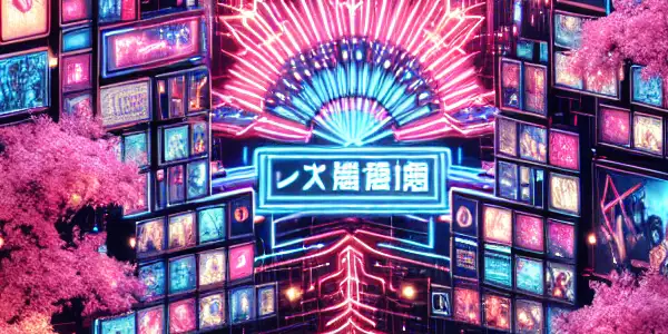 A vibrant digital interface showcasing colorful adult film thumbnails with a neon sign and a stylized Japanese city skyline.