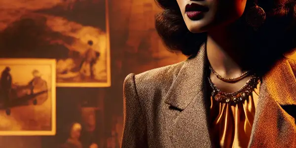 A World War II female spy in vintage attire, surrounded by espionage elements and sensual props, exuding intrigue.
