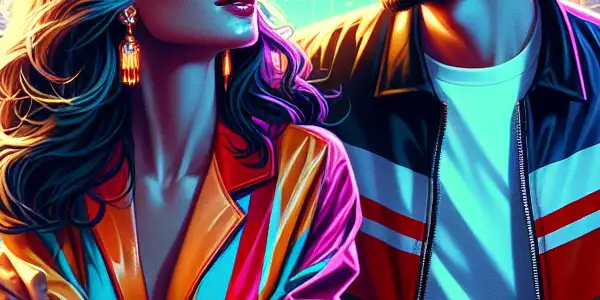 A young couple shares a playful conversation in a romantic, neon-lit Hong Kong cityscape at twilight.