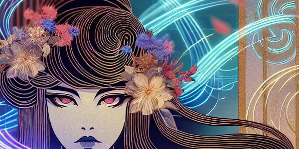 A captivating character in a luxurious setting, blending traditional Japanese aesthetics with modern allure and intimacy.