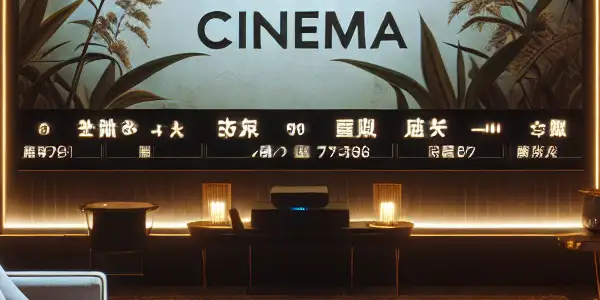 A cozy home theater featuring a high-definition screen, plush seating, and snacks, centered around the "97 Ethical Cinema" platform.