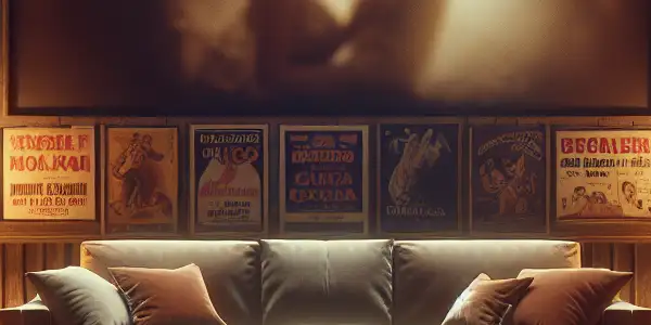 A cozy viewing room with vintage posters, plush furnishings, and a large screen, evoking nostalgia for classic Japanese adult cinema.
