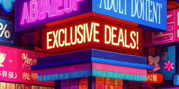 A vibrant digital marketplace showcasing adult entertainment discounts with neon signs and Japanese aesthetic elements.